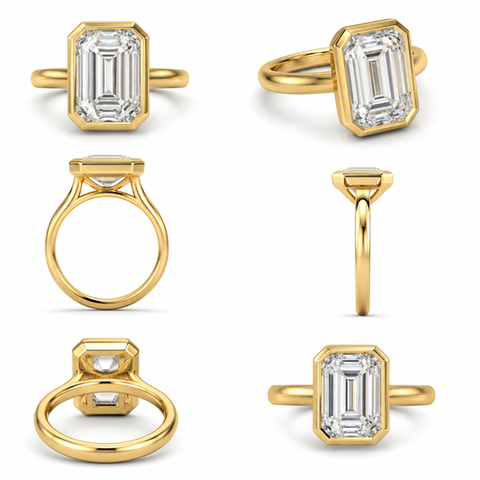 5.00 Carat Emerald Cut Lab Grown Diamond Bezel Set Solitaire Engagement Ring Set in 14K Gold