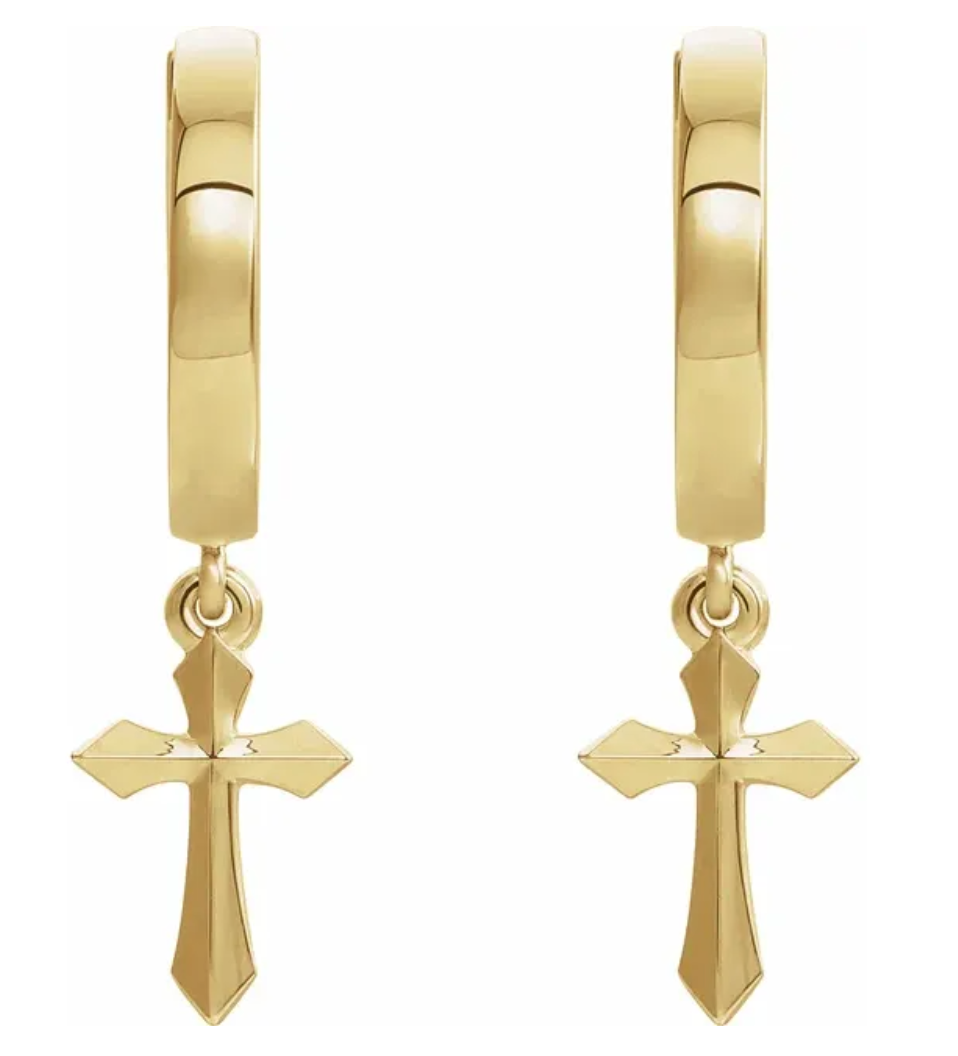 14K Yellow Gold Cross Hinged Hoop Dangle Earrings