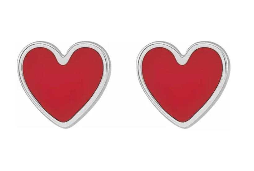 Sterling Silver Red Enamel Heart Shaped Earrings