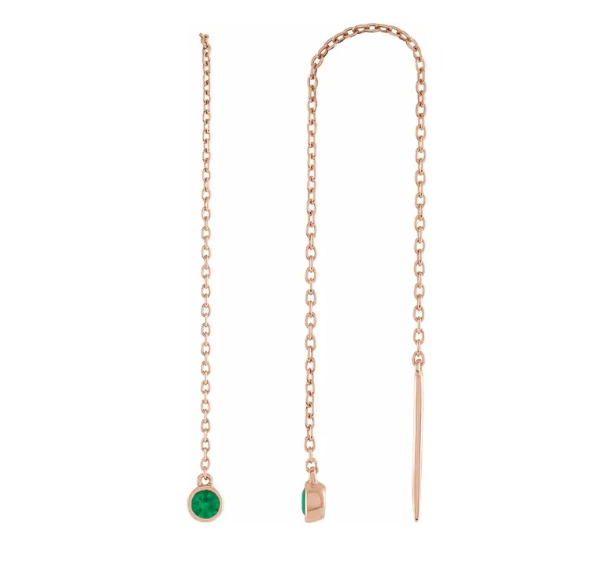 14K Gold Natural Green Emerald Chain Earring