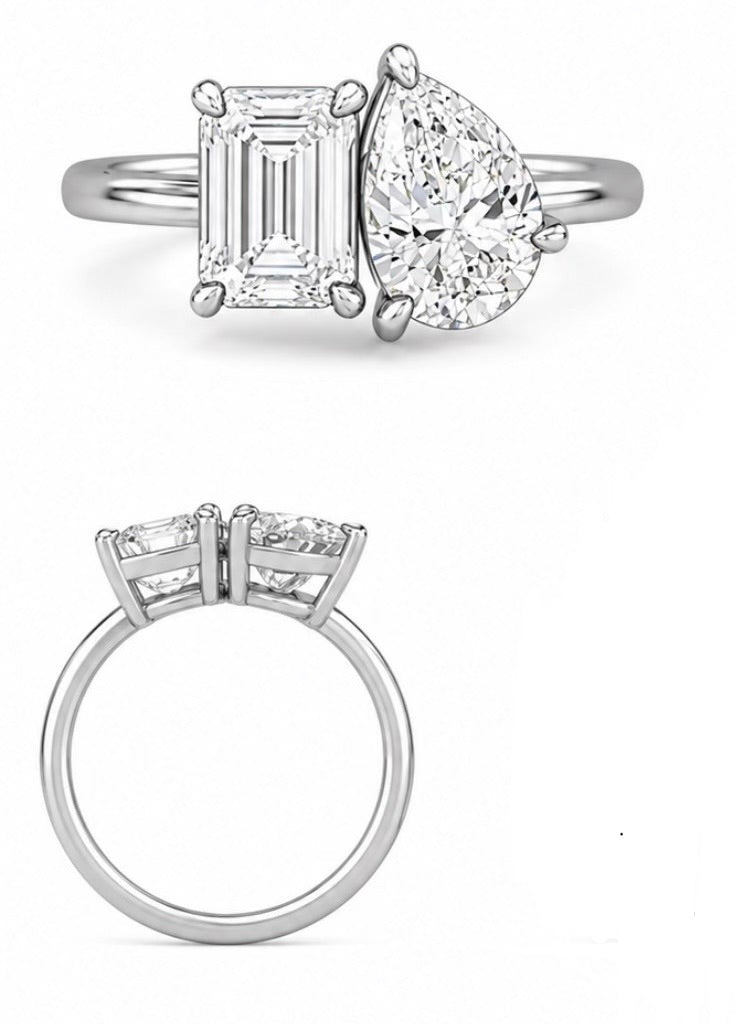 3.60ctw 14K Gold Toi et Moi Ring Pear Shape and Emerald Lab Diamond Ring