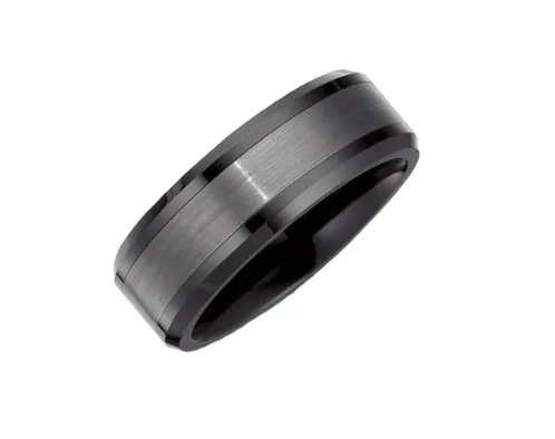 Ceramic Couture & Tungsten Inlay 8 mm Beveled Edge Mens Wedding Band Ring