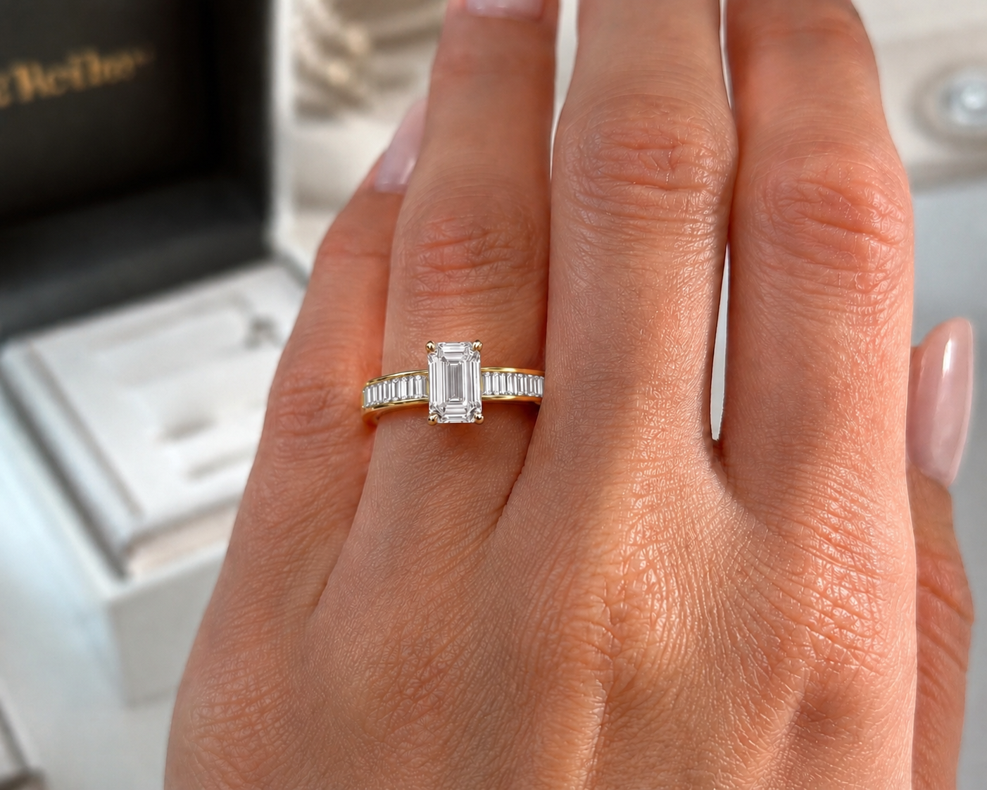2.00 Carat Emerald Cut Lab Diamond Engagement Ring with Baguette Accent Stones in 14K Gold