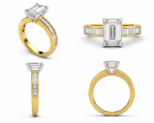 2.00 Carat Emerald Cut Lab Diamond Engagement Ring with Baguette Accent Stones in 14K Gold