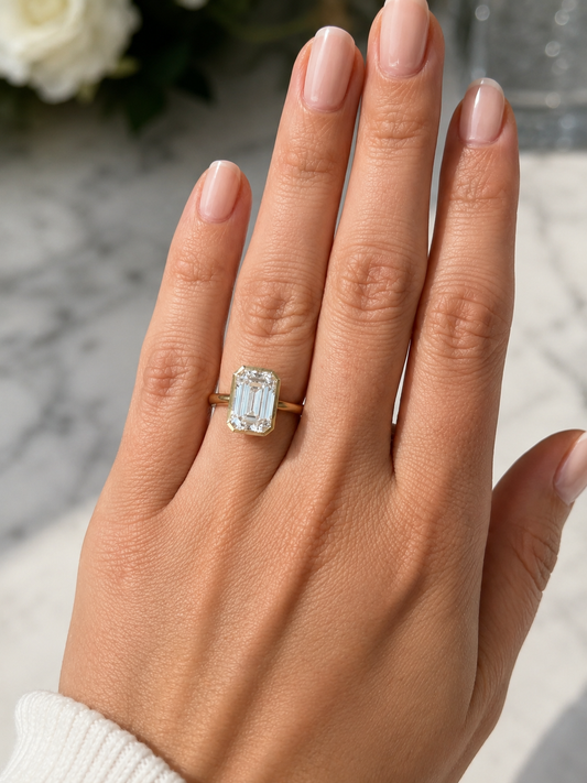 5.00 Carat Emerald Cut Lab Grown Diamond Bezel Set Solitaire Engagement Ring Set in 14K Gold