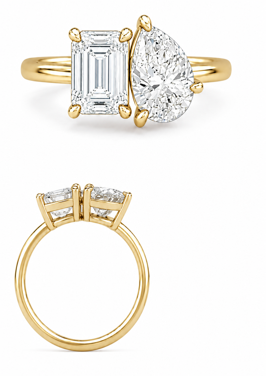 3.60ctw 14K Gold Toi et Moi Ring Pear Shape and Emerald Lab Diamond Ring