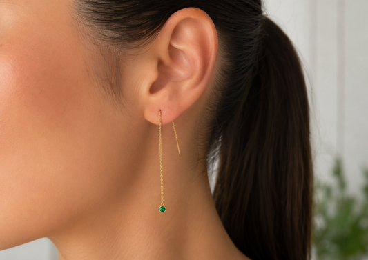 14K Gold Natural Green Emerald Chain Earring