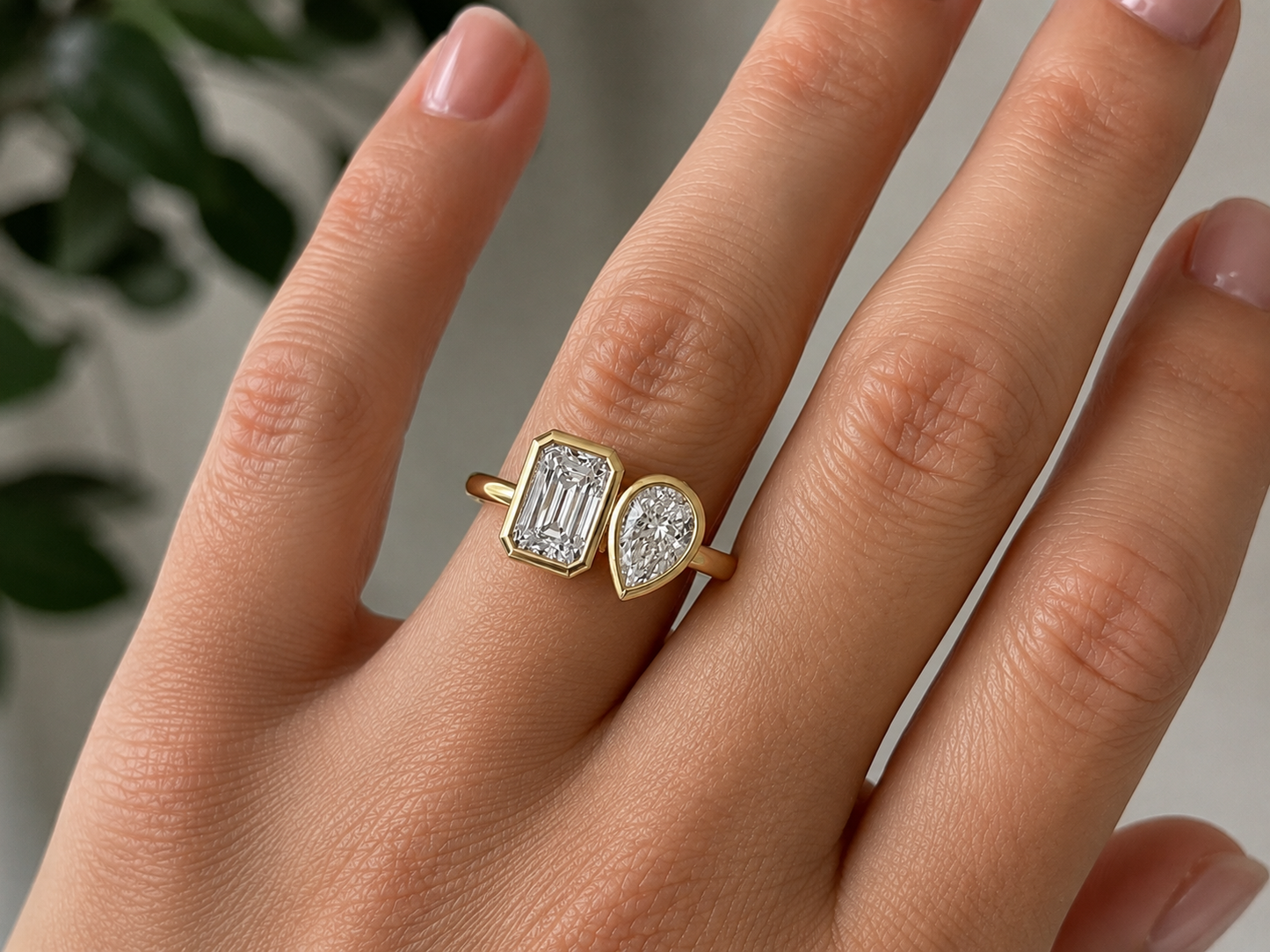 14K Gold Toi et Moi Bezel Set Pear Shape and Emerald Lab Diamond Ring