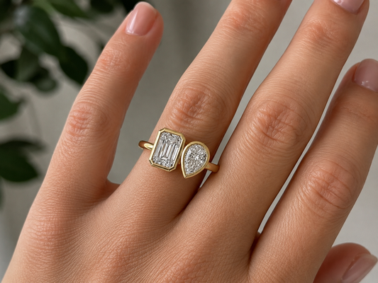 14K Gold Toi et Moi Bezel Set Pear Shape and Emerald Lab Diamond Ring