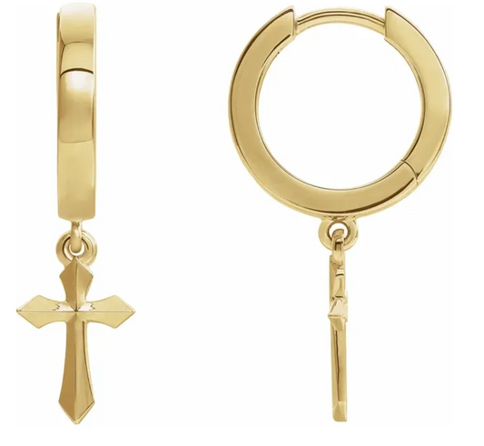 14K Yellow Gold Cross Hinged Hoop Dangle Earrings