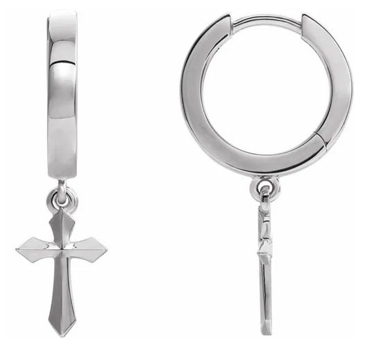 14K Yellow Gold Cross Hinged Hoop Dangle Earrings