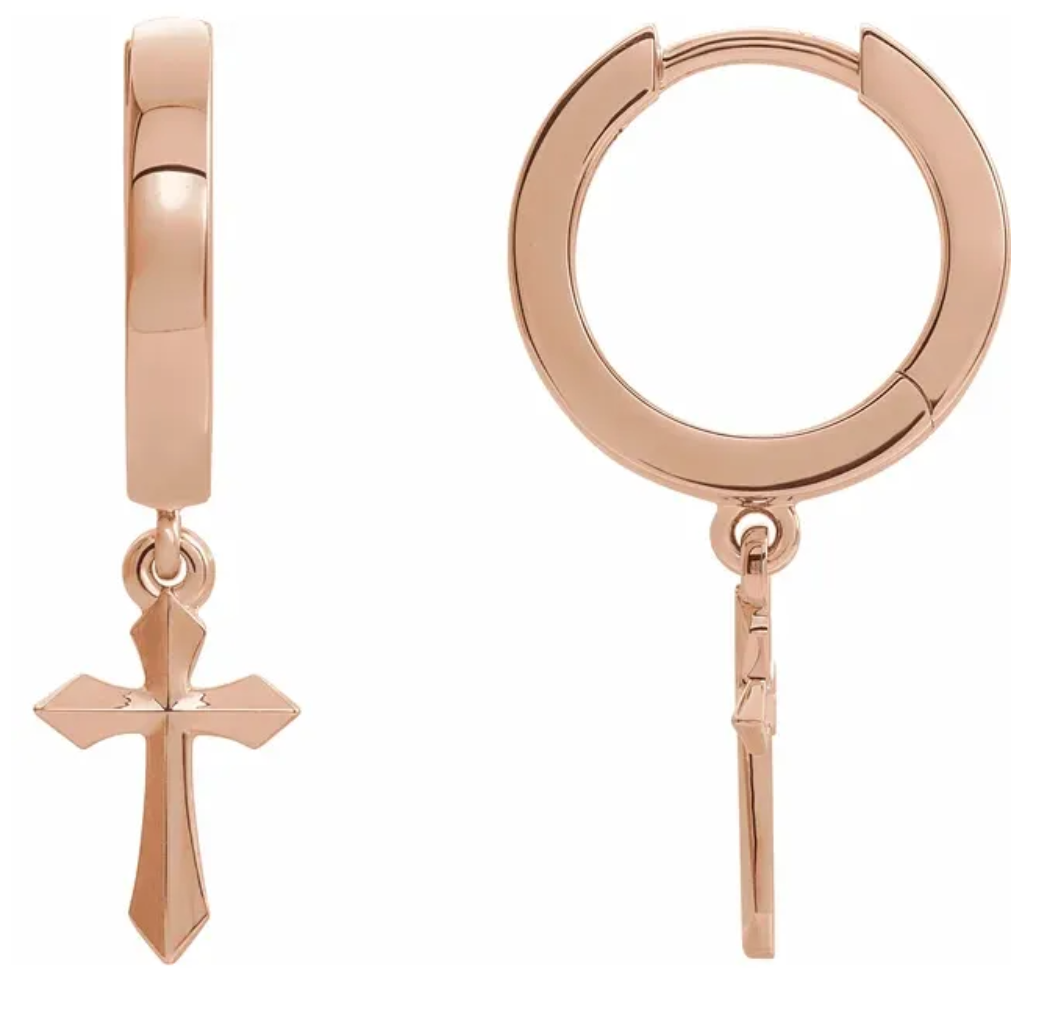 14K Yellow Gold Cross Hinged Hoop Dangle Earrings