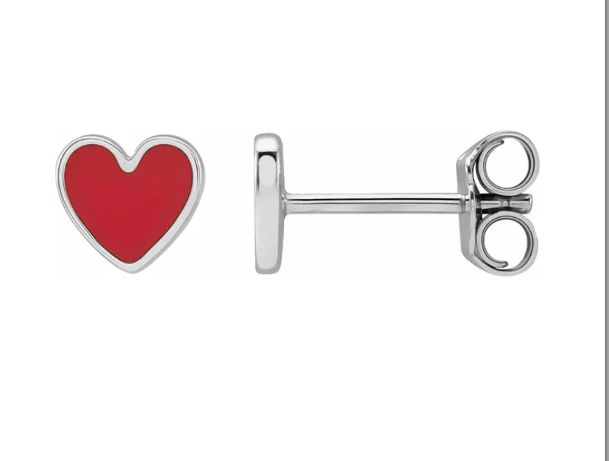 Sterling Silver Red Enamel Heart Shaped Earrings
