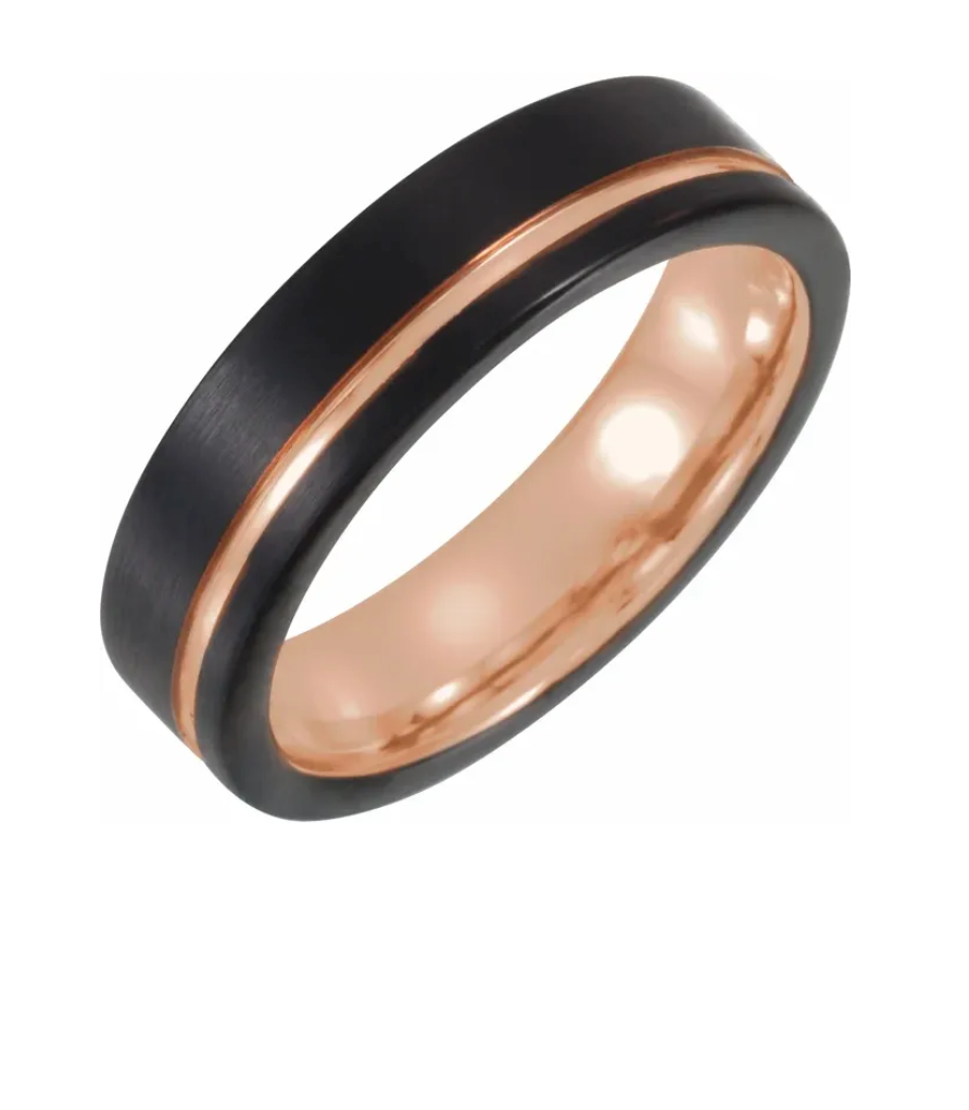 Black & 18K Rose Gold PVD Tungsten 6 mm Grooved Comfort Fit Mens Wedding Band Ring