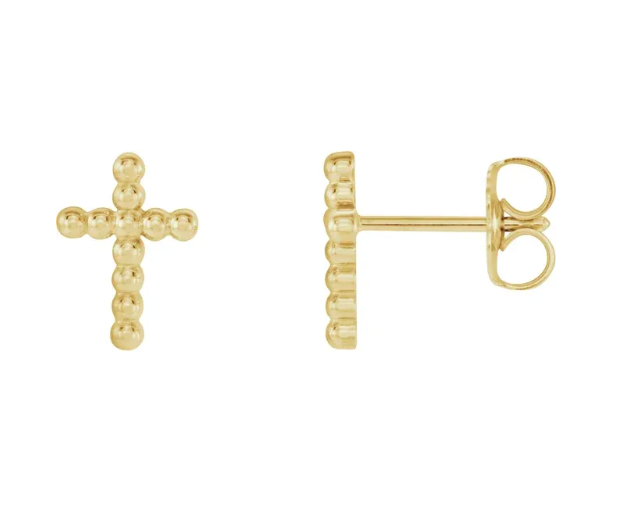 14K Gold Beaded Cross Stud Earrings