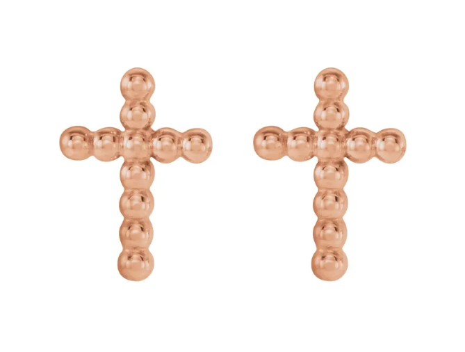 14K Gold Beaded Cross Stud Earrings