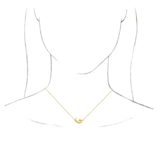 14K Gold Crescent Moon and Star Pendant Necklace