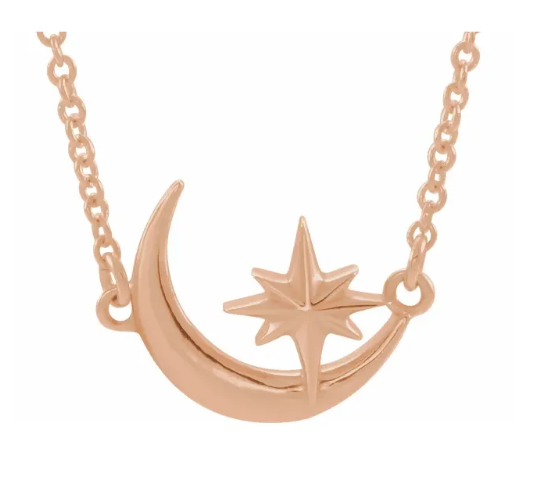 14K Gold Crescent Moon and Star Pendant Necklace