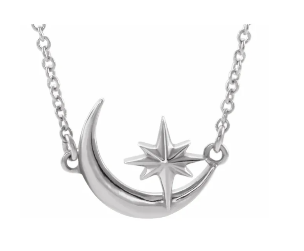 14K Gold Crescent Moon and Star Pendant Necklace