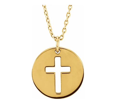 14K Gold Pierced Cross Disc Pendant Necklace