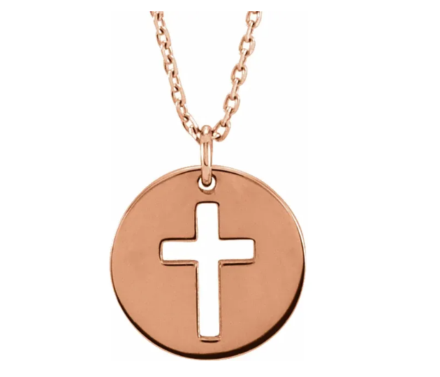 14K Gold Pierced Cross Disc Pendant Necklace