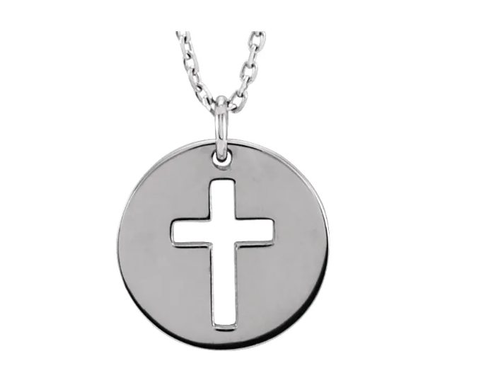 14K Gold Pierced Cross Disc Pendant Necklace