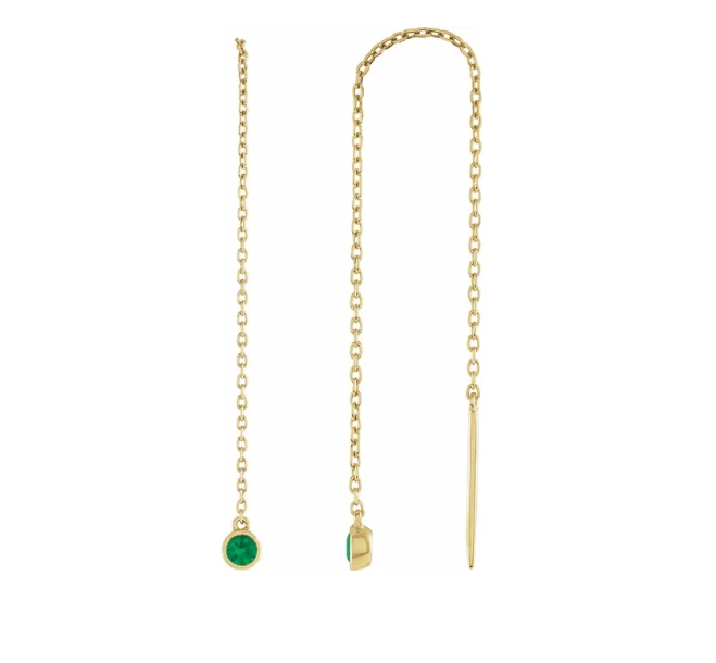 14K Gold Natural Green Emerald Chain Earring