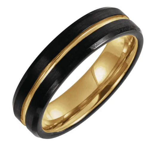 18K Yellow Gold PVD & Black PVD Tungsten 6 mm Beveled Edge Grooved Comfort Fit Mens Wedding Band Ring
