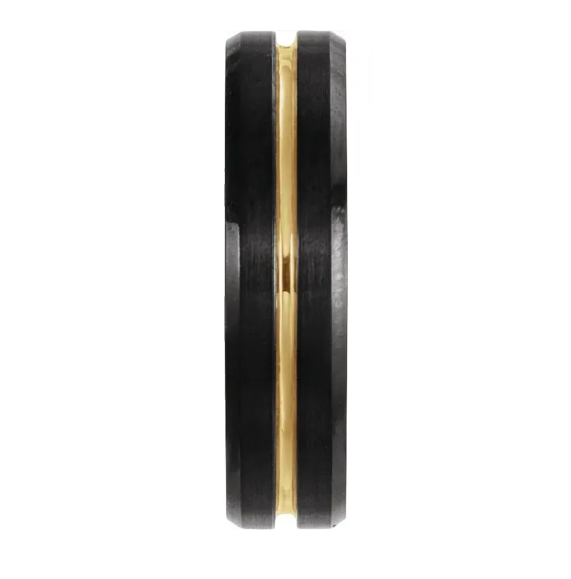 18K Yellow Gold PVD & Black PVD Tungsten 6 mm Beveled Edge Grooved Comfort Fit Mens Wedding Band Ring