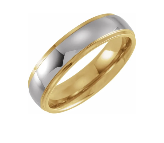 Tungsten & 18K Yellow Gold PVD Inlay 6 mm Stepped Edge Comfort Fit Half Round Wedding Band Ring