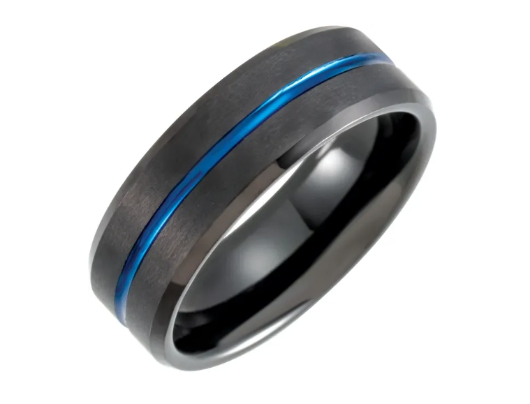 Black & Blue PVD Tungsten 8 mm Beveled Edge Grooved Comfort Fit Mens Wedding Band Ring