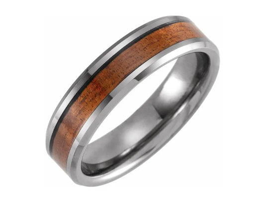 Tungsten 6 mm Beveled Edge Acacia Wood Inlay Comfort Fit Mens Wedding Band Ring
