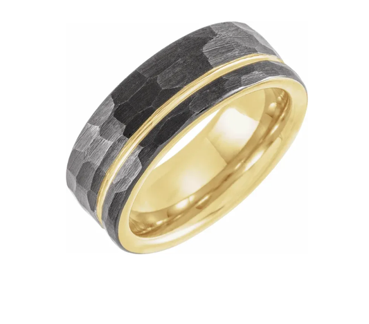 18K Yellow Gold PVD & Black PVD Tungsten 8 mm Grooved Comfort Fit Flat Mens Wedding Band Ring